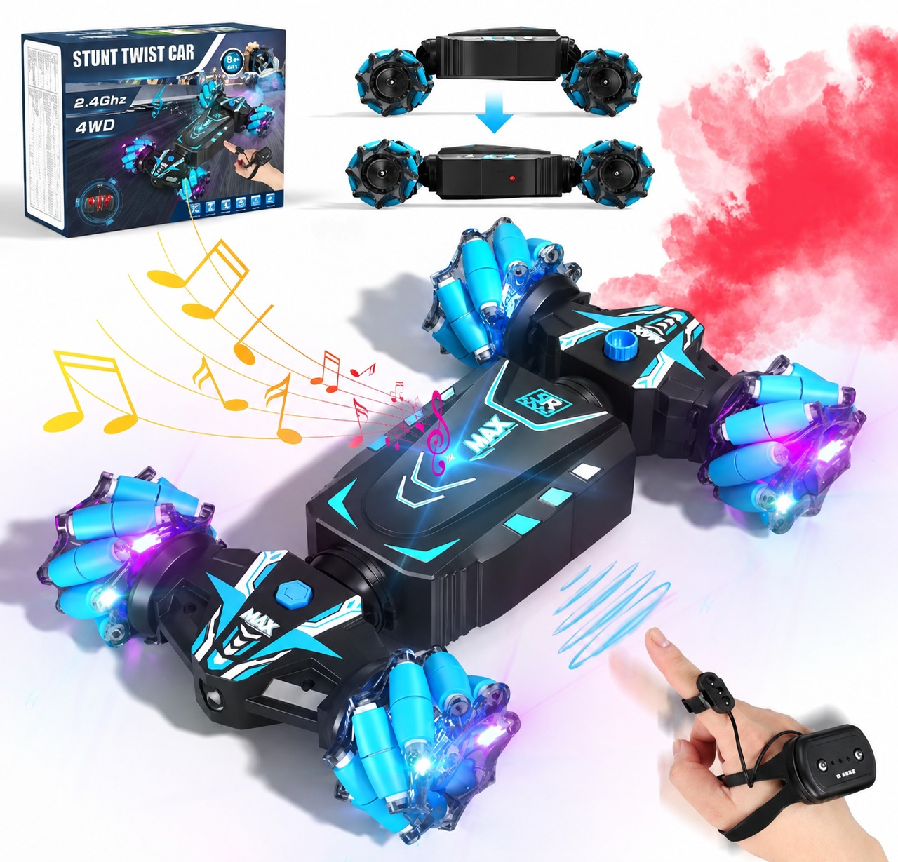 Auto de juguete negro y celeste con ruedas iluminadas y control gestual colocado en la mano