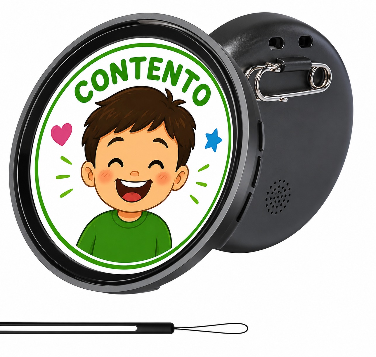 Pin digital circular con ilustración de un niño y la palabra CONTENTO, vista posterior con broche y correa
